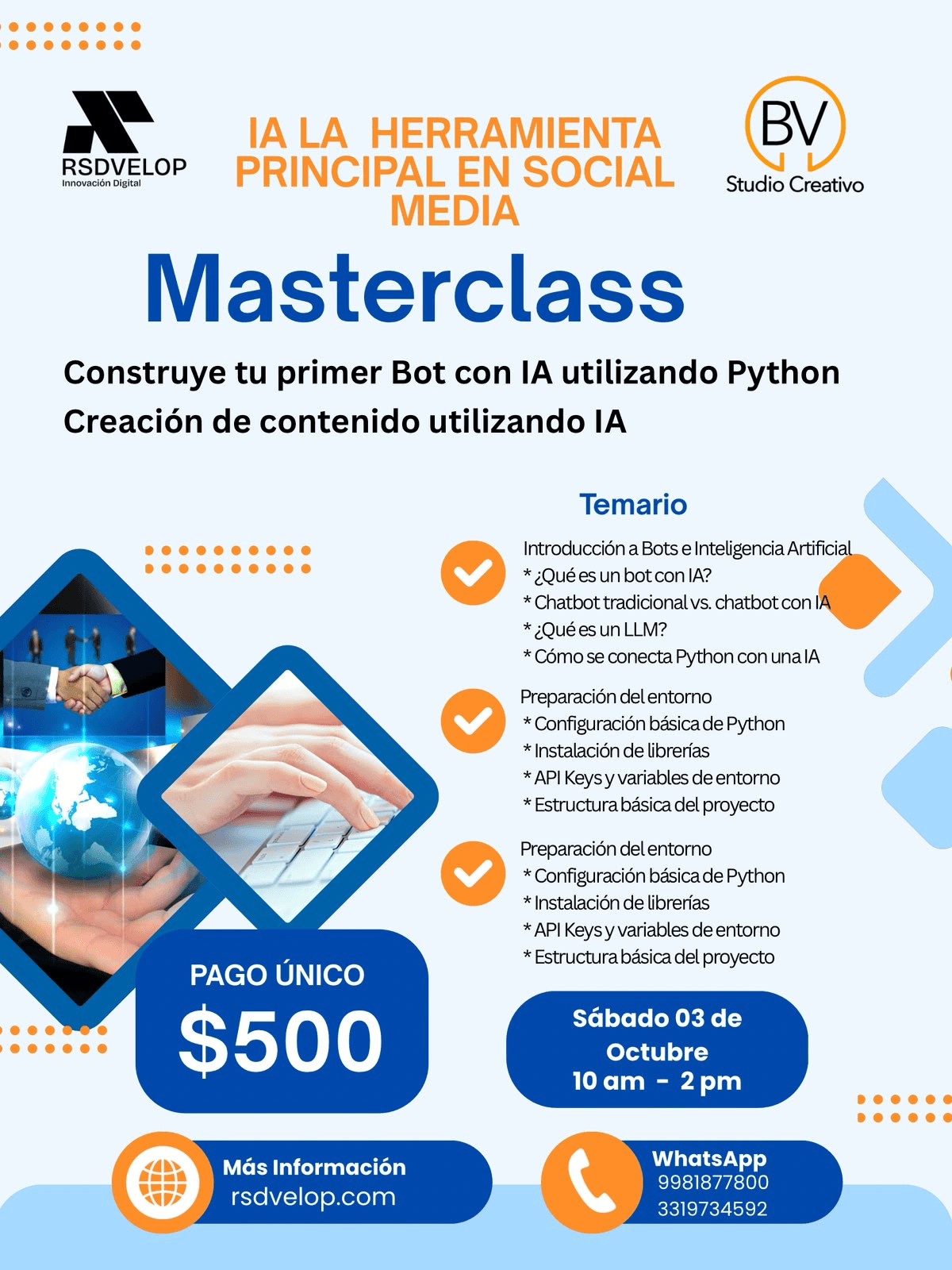 Cartel de la Masterclass de IA y Social Media de RSDVELOP y BV Studio Creativo